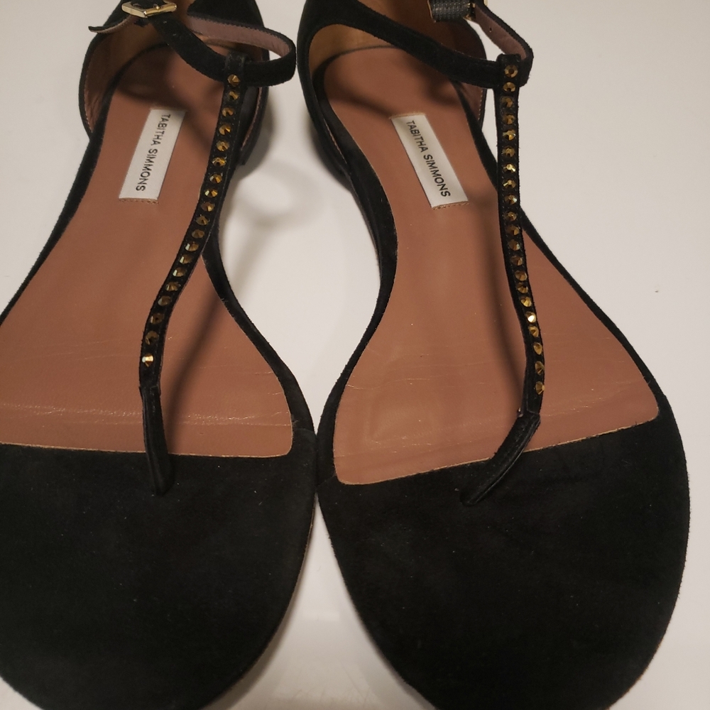 Tabitha Simmons Black Suede T-Strap Flat Sandals W/Rhinestones Sz 8.5
